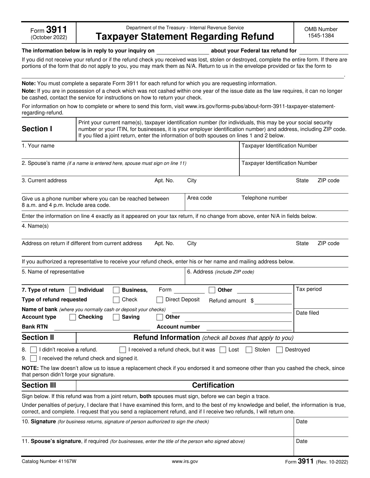 Form 3911 Taxpayer Statement 2024-2025 form preview