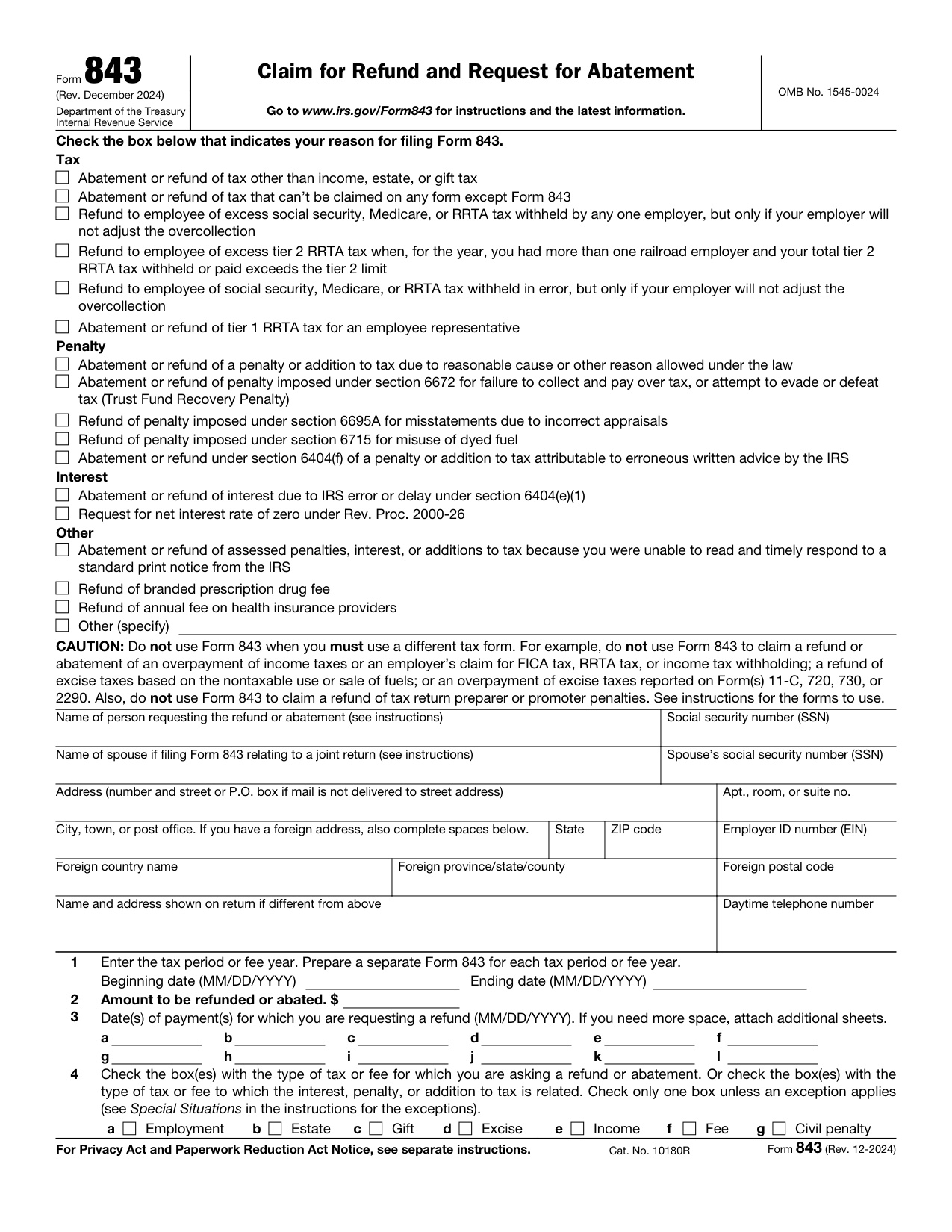 Form 843 For 2024-2025 form preview