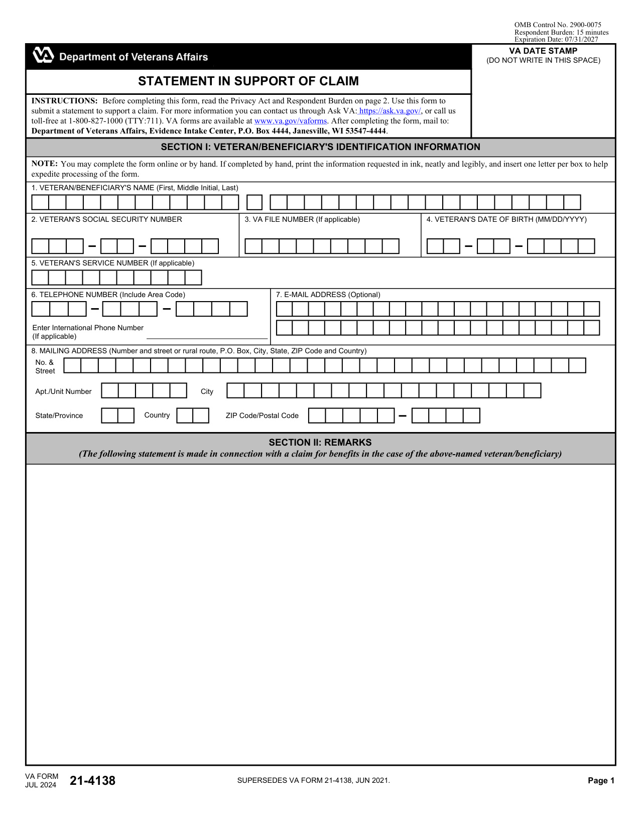 Va Form 21-4138 2024-2025 form preview